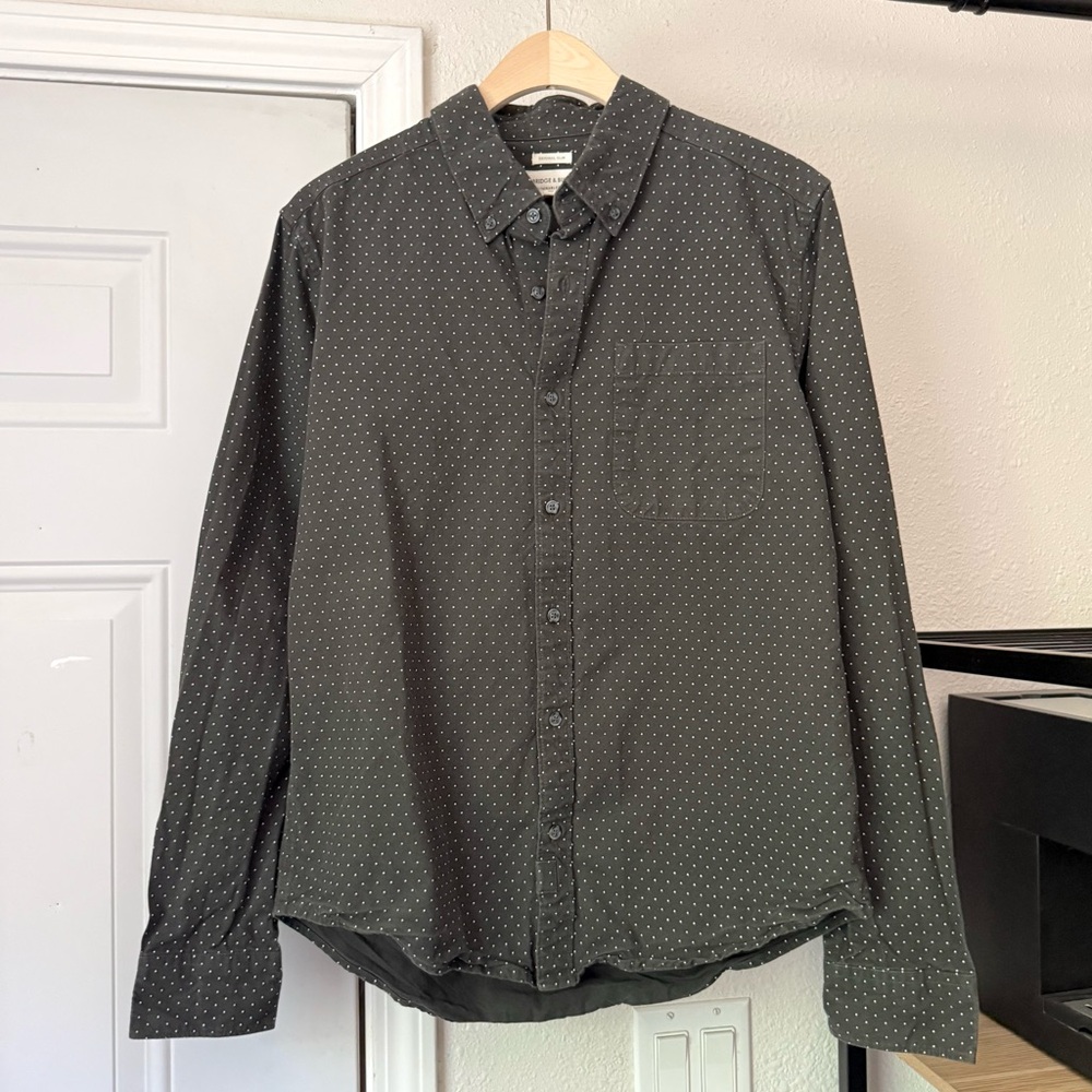 BRIDGE & BURN dark grey dot polka‎ organic cotton long sleeve button up shirt